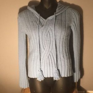 Light blue cable knit sweater with hood